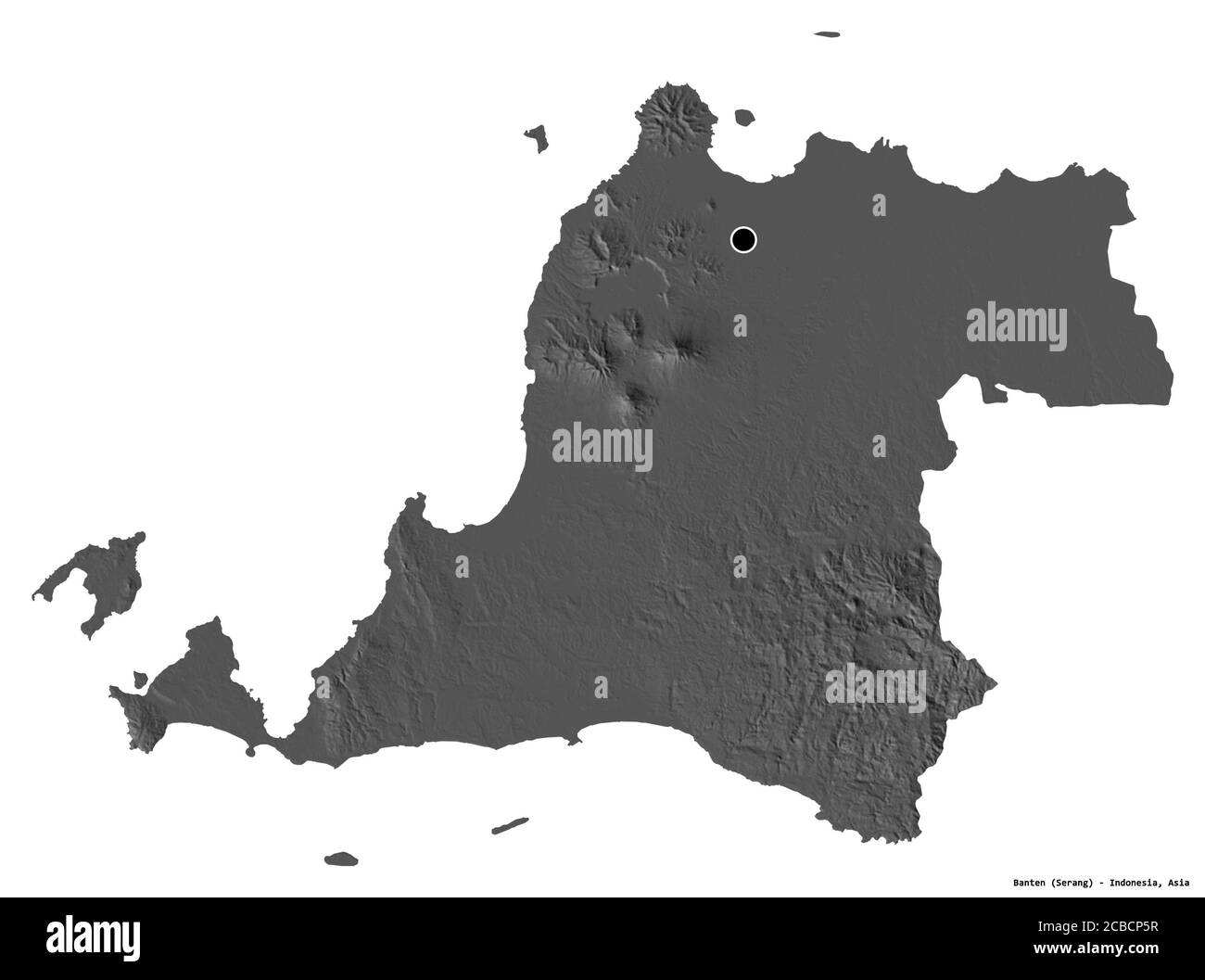 Form von Banten, Provinz Indonesien, mit seiner Hauptstadt isoliert auf weißem Hintergrund. Höhenkarte mit zwei Ebenen. 3D-Rendering Stockfoto