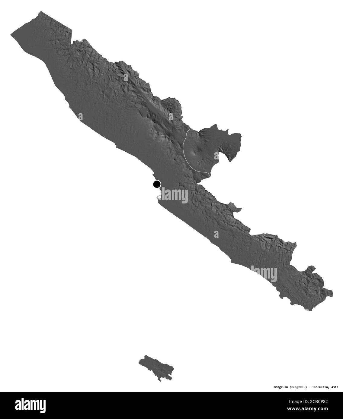 Form von Bengkulu, Provinz Indonesien, mit seiner Hauptstadt isoliert auf weißem Hintergrund. Höhenkarte mit zwei Ebenen. 3D-Rendering Stockfoto
