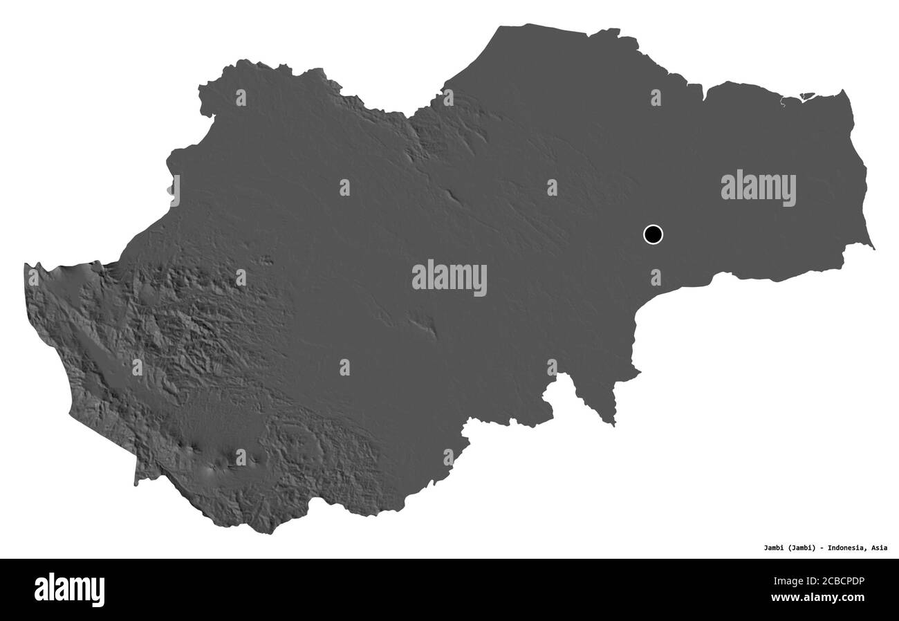 Form von Jambi, Provinz Indonesien, mit seiner Hauptstadt isoliert auf weißem Hintergrund. Höhenkarte mit zwei Ebenen. 3D-Rendering Stockfoto
