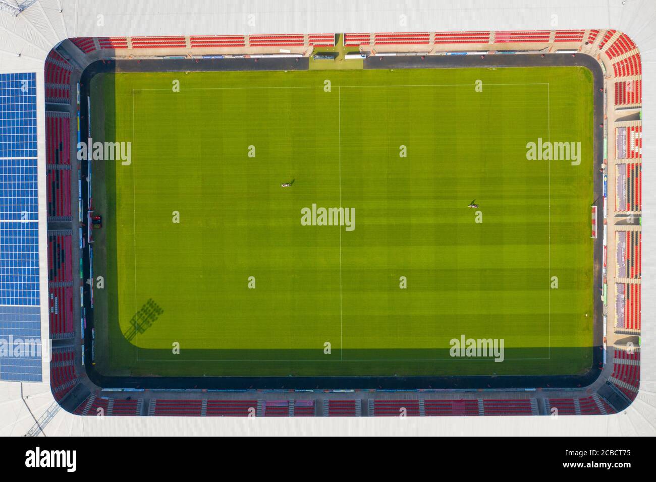 Doncaster UK, 12. Aug 2020: Luftaufnahme des Keepmoat Stadions in der Stadt Doncaster im Vereinigten Königreich, Heimat des Doncaster Rovers Football Clu Stockfoto
