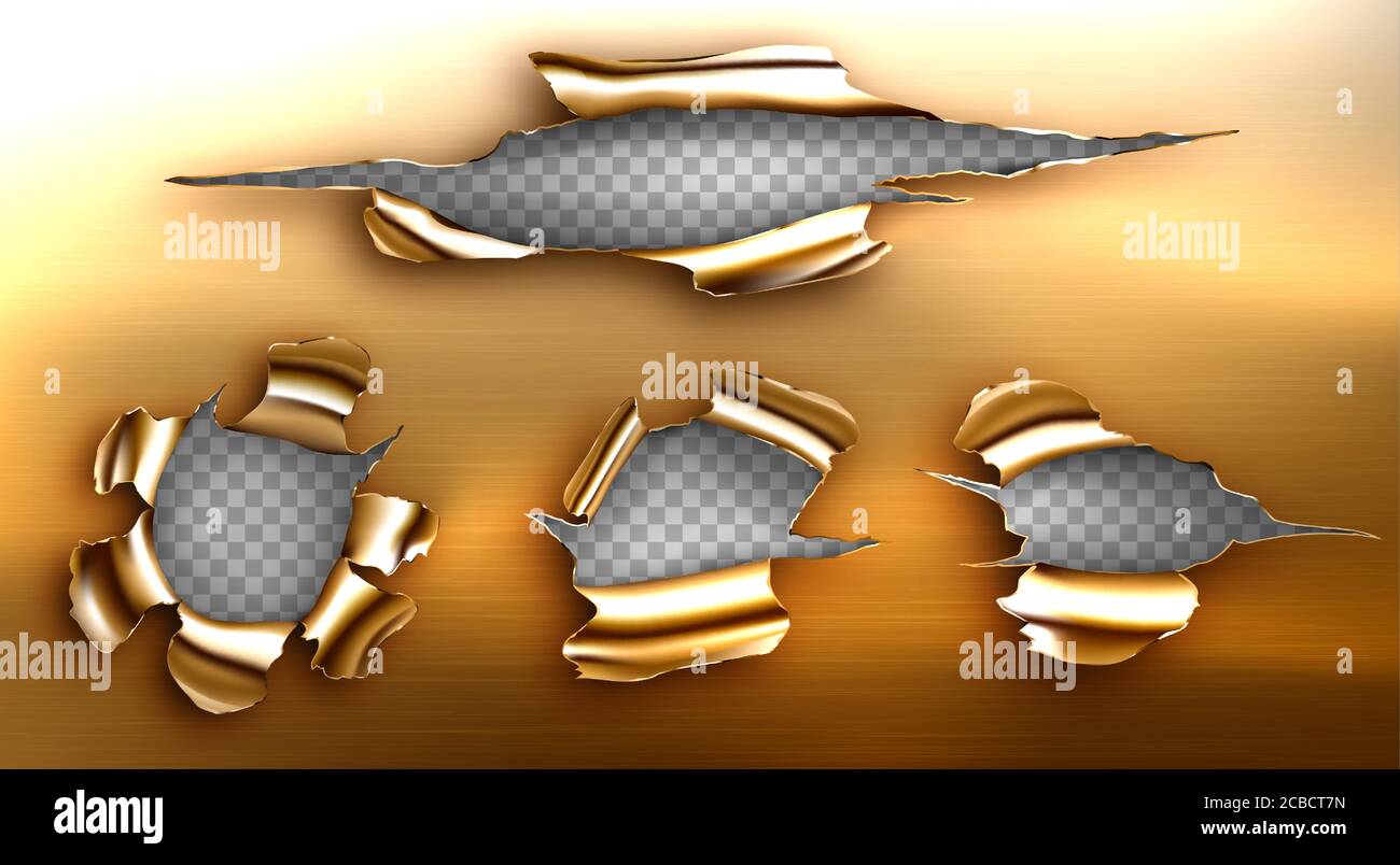 Zerrissene Löcher, zerrissene Risse in goldenem Blech. Vektor realistische Mockup von gerissenen Kanten von Metall brechen, Geschosslöcher isoliert auf transparentem Hintergrund. Beschädigte Kupferseite durch Schuss, Schnitt oder Explosion Stock Vektor