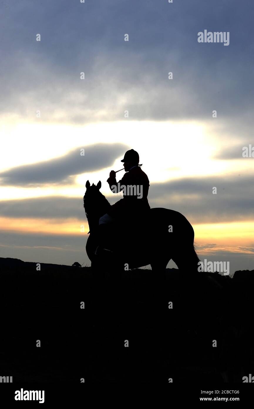 Foxhunting U.K. bläst am Ende des Tages nach Hause bei Sonnenuntergang Stockfoto