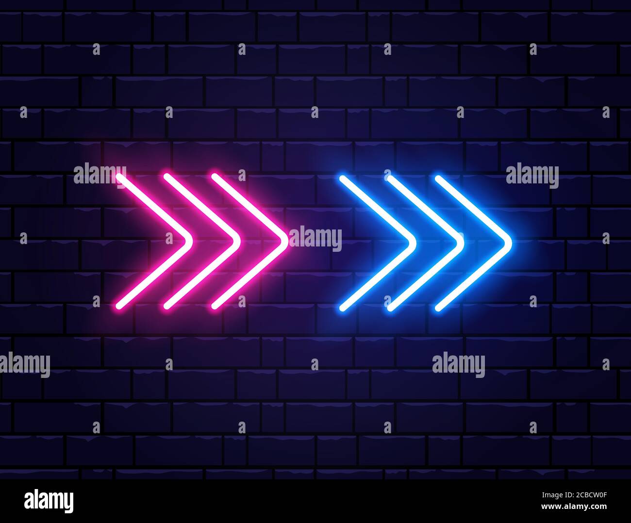Pfeil Neon auf Ziegelwand. Realistisch glänzendes Schild. Symbol für leuchtende Pfeilzeiger. Farbiges Neonbanner. Nachts helle Werbung. Vektorgrafik. Stock Vektor