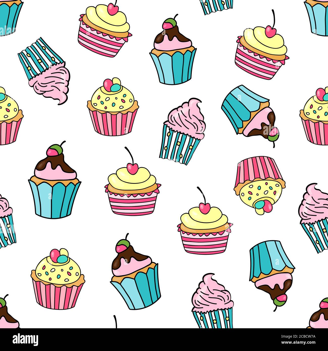 Nahtloses Muster mit Cupcakes auf weißem Hintergrund. Süße Kuchen mit Kirsche, Erdbeere, Glasur und Sahne verziert. Vektorgrafik. Stock Vektor