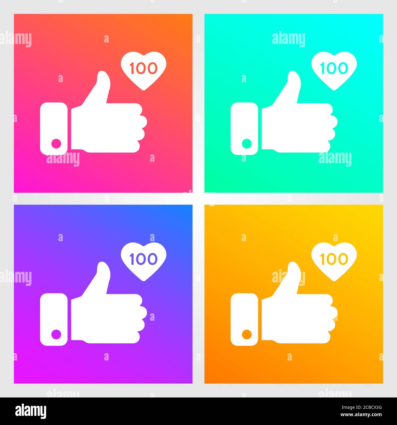 Wie, Daumen hoch Symbole auf Verlaufshintergrund gesetzt. Symbol wie 100. Symbol für soziale Netzwerke. Social-Media-Element. Nachrichtenblase. Vektorgrafik. Stock Vektor