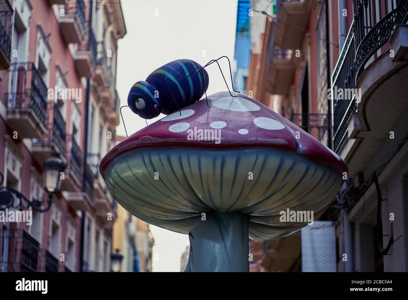 Märchenpilze und Insekten auf der San Francisco Straße in Alicante City, Spanien, Europa, Juli 2020 Stockfoto