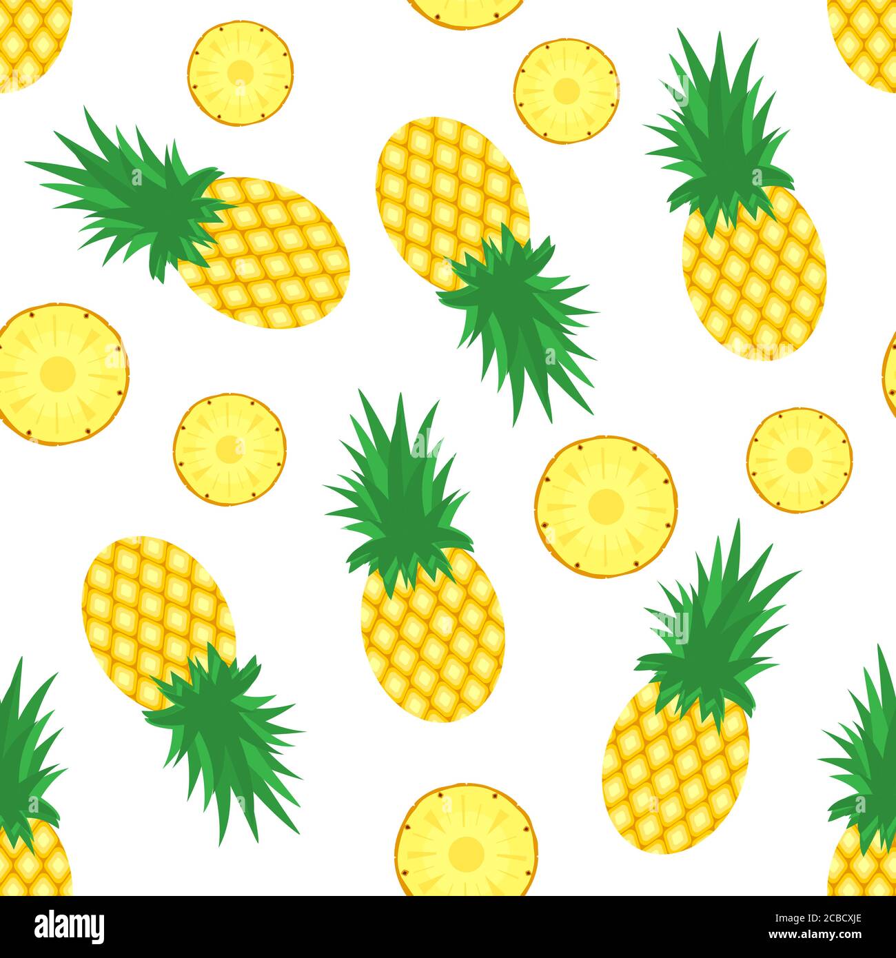 Ananas Hintergrund. Frische Ananas und Scheiben Ananas auf weißem Hintergrund. Muster tropischer Früchte. Vektorgrafik. Stock Vektor