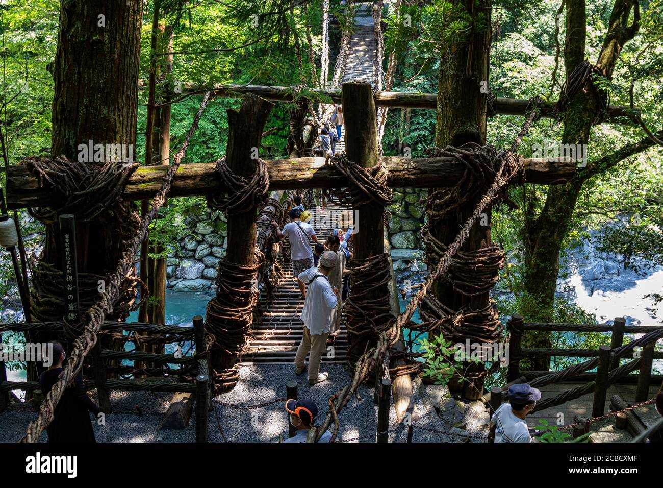 Die Iya No Kazurabashi, eine ziemlich erschreckende Baumrebe Hängebrücke über den Fluss Iya. Diese alte Weinbrücke ist zwischen einem Tal, sur ausgesetzt Stockfoto