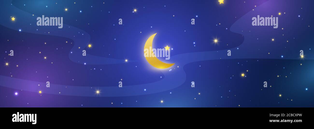 Langes Banner des Nachthimmels. Halbmond und Sterne in Mitternacht. Blau leuchtenden Raum Universum. Ramadan Kareem Festival Hintergrund. Sternenhimmel Tapete. Vecto Stock Vektor