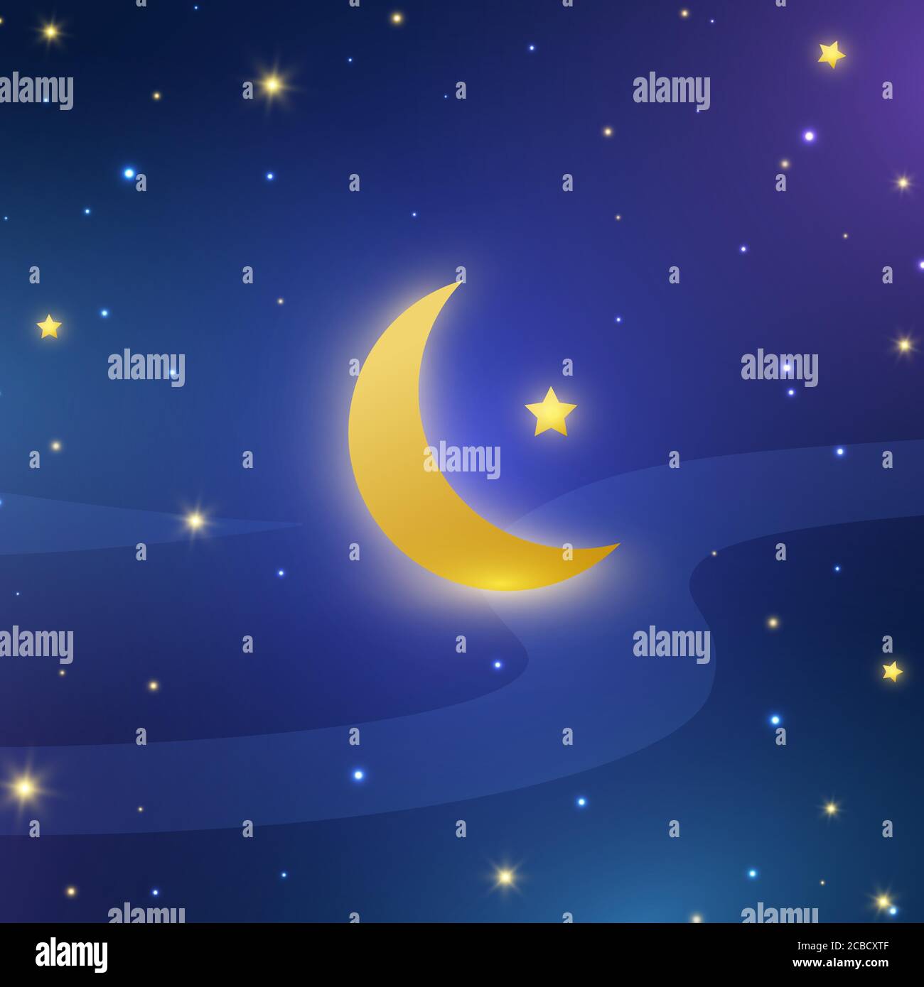 Nachthimmel im Hintergrund. Banner des Ramadan Kareem Festivals. Halbmond und Sterne in Mitternacht. Blau leuchtenden Raum Universum. Sternenhimmel Tapete. Vektor-Abb. Stock Vektor