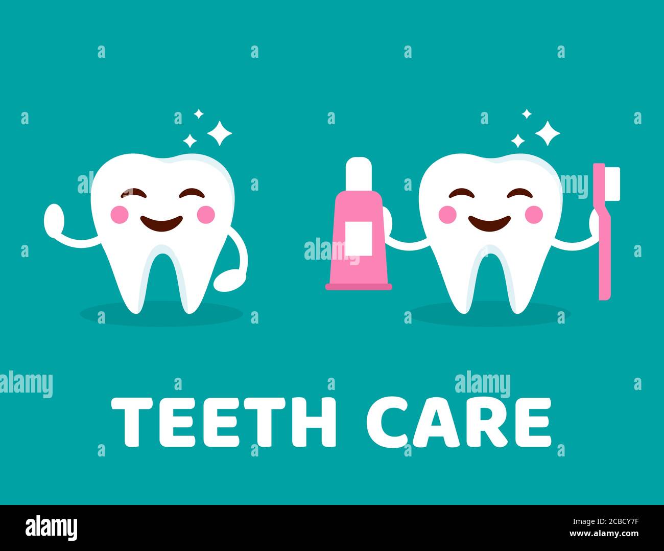 Zahnpflegekonzept. Gesunder lächelnder Zahn mit Zahnbürste und Zahnpasta. Niedliche Zähne mit fröhlichem Emoji. Zahn mit glänzender Wirkung. Zähneputzen Stock Vektor