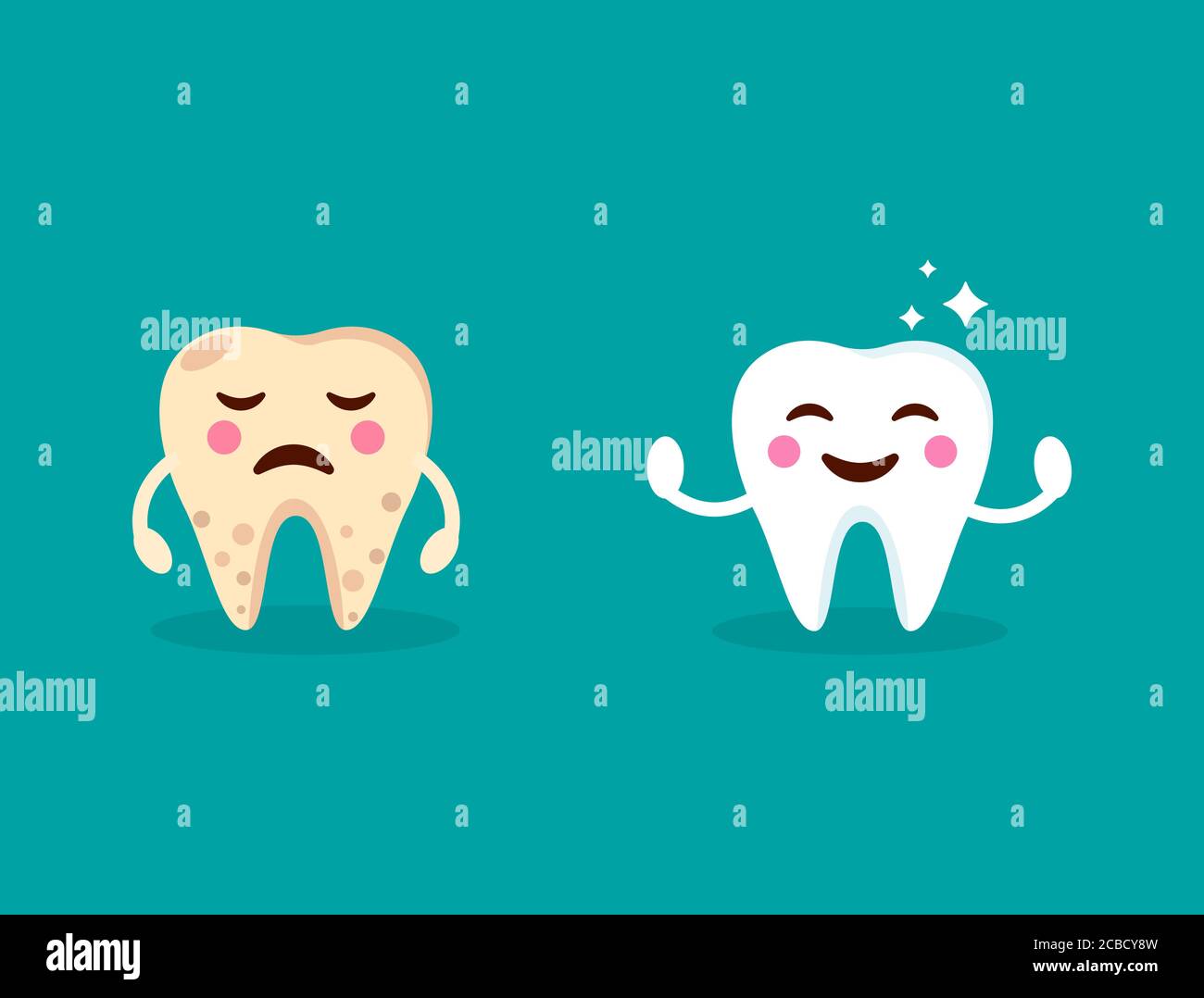 Gesunde lächelnde Zähne mit leuchtenden Sternen. Weinender gelber schlechter kranker Zahn. Zahnpflege-Design. Niedliche Zahn mit glücklich und traurig emoji. Zahnklinik Konzept. Stock Vektor