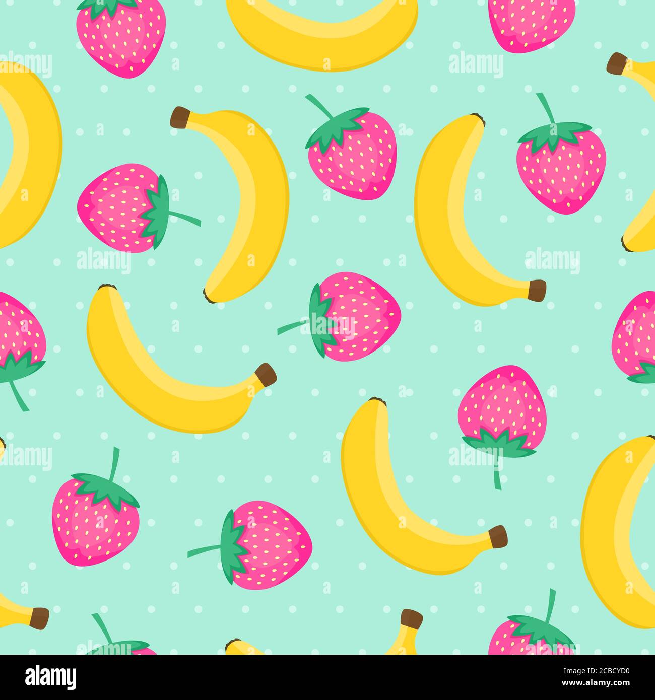 Nahtloses Muster mit gelben Bananen und rosa Erdbeeren. Niedlichen Vektor Hintergrund. Obst-Illustration auf mintgrün Hintergrund mit Punkten. Vektor Stock Vektor