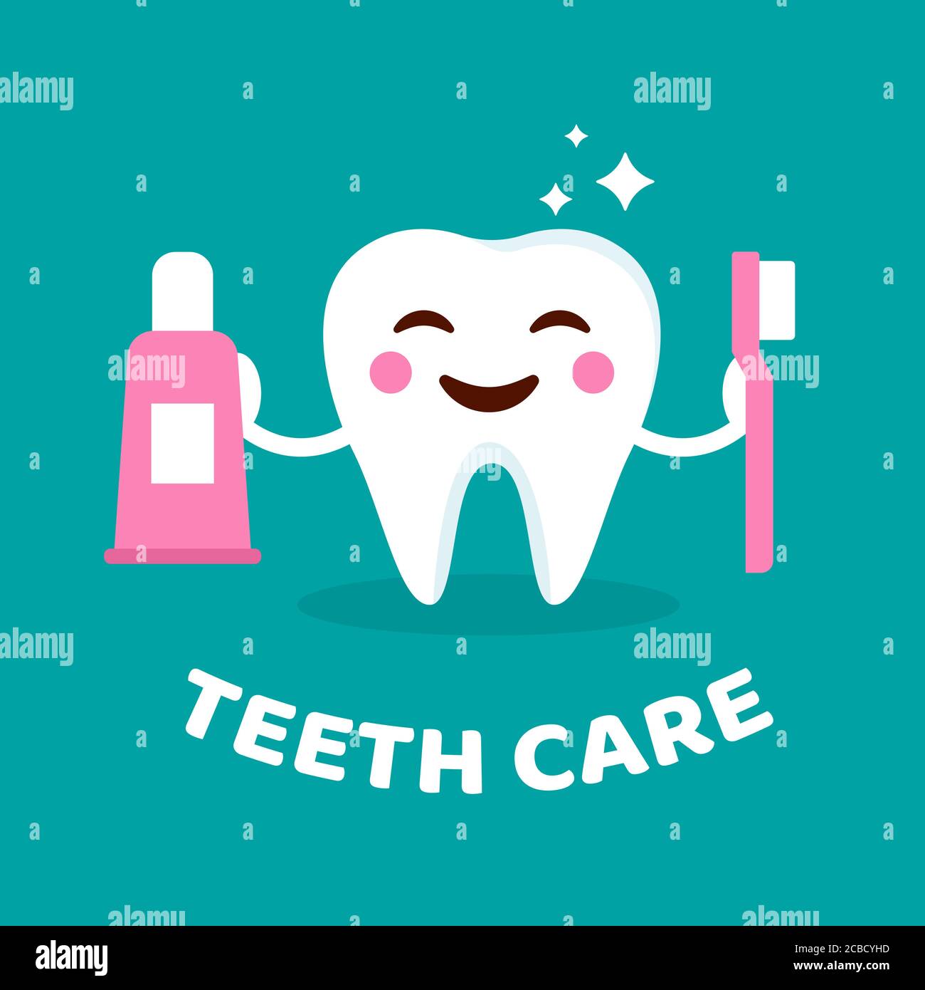 Lächelnder Zahn mit Zahnbürste und Zahnpasta. Zahnpflegekonzept. Niedliche Zahn mit glücklichen Emoji. Zähne Charakter in flachen Cartoon-Stil. Vektor Stock Vektor