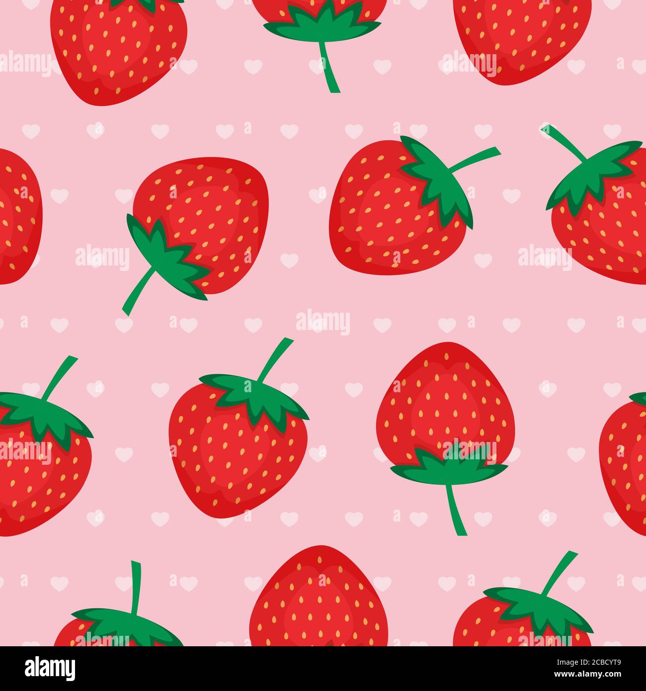 Nahtloser Hintergrund mit roten Erdbeeren. Vektor Erdbeere Muster auf rosa Hintergrund mit Herzen. Design für Tapeten, Webseiten, Texturen Stock Vektor