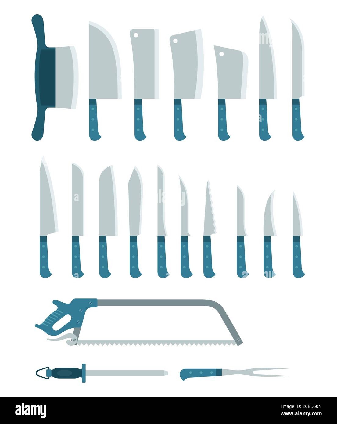Sammlung von verschiedenen Messern, Sägen, Beile zum Hacken von Lebensmitteln llustration in einem flachen Design. Stock Vektor
