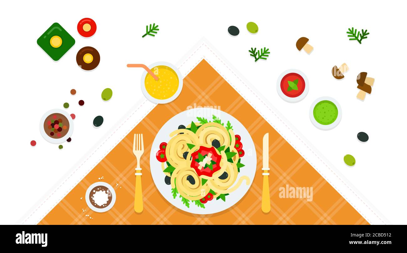 Serviert Tisch und Gericht Spaghetti Vektor-Symbol flach isoliert Abbildung Stock Vektor