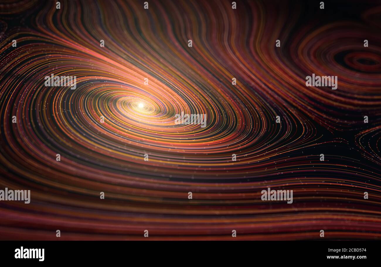 Abstrakter Hintergrund von farbigen Linien, die sich um eine beleuchtete Kugel drehen. Abstraktes Konzept von Universum, Planeten und Galaxien. Stockfoto