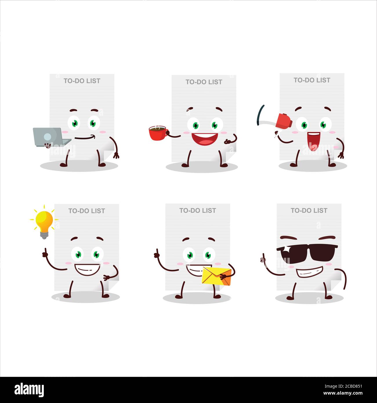 To-do-Liste Papier Zeichentrickfigur mit verschiedenen Arten von Unternehmen Emoticons Stock Vektor