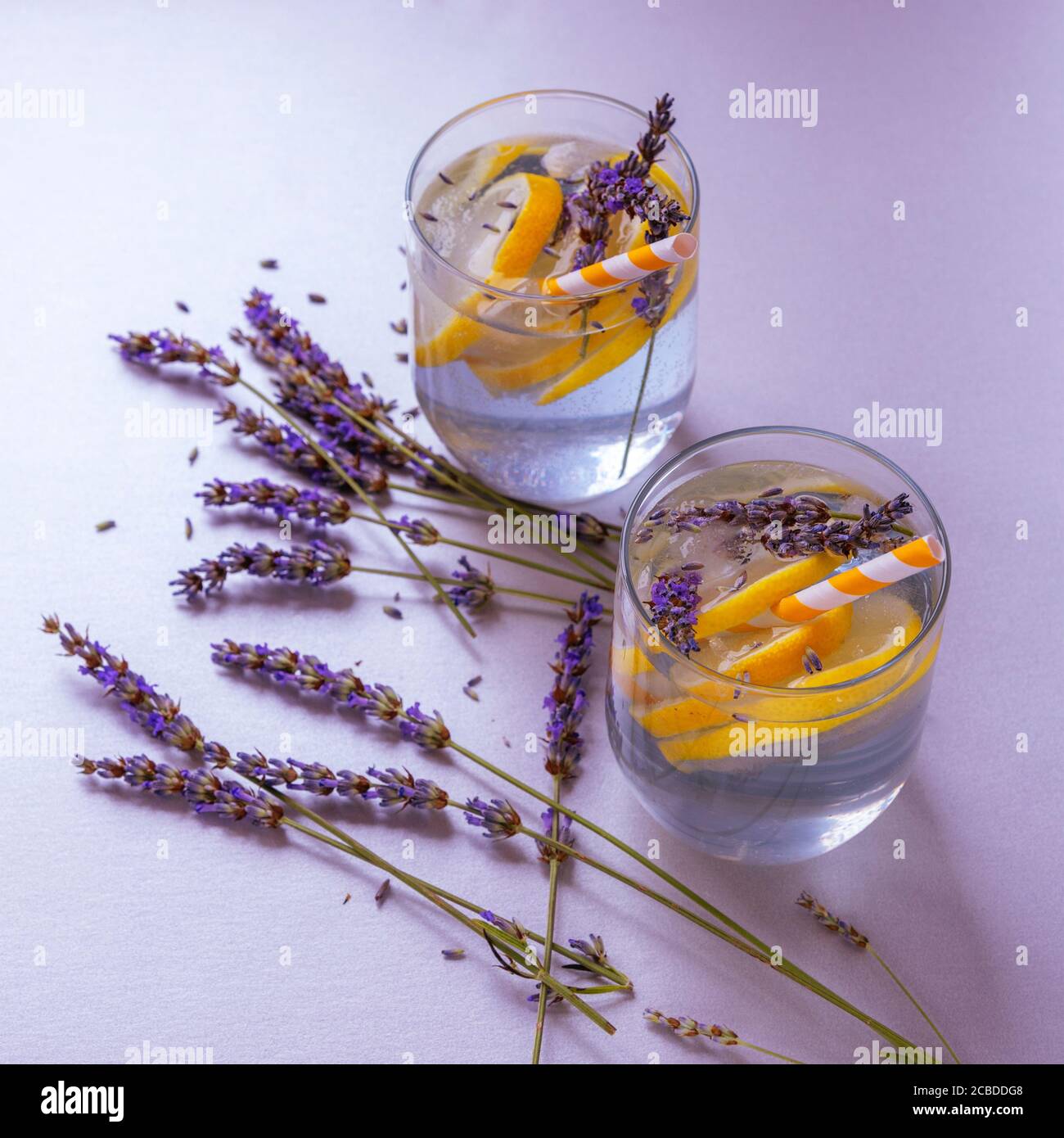 Lavendellimonade in Gläsern mit Blumen. Gesundes erfrischendes Getränk. Selektiver Fokus Stockfoto