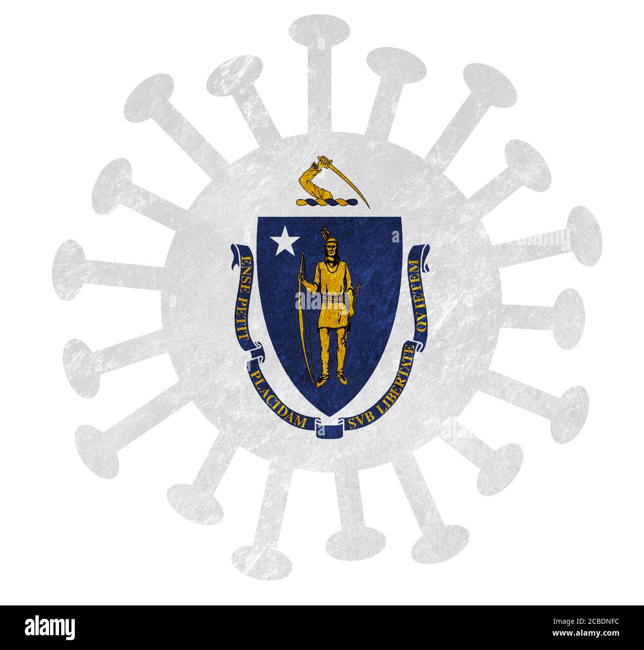 Staatsflagge von Massachusetts mit Corona-Virus oder Bakterien - Isoliert auf Weiß Stockfoto