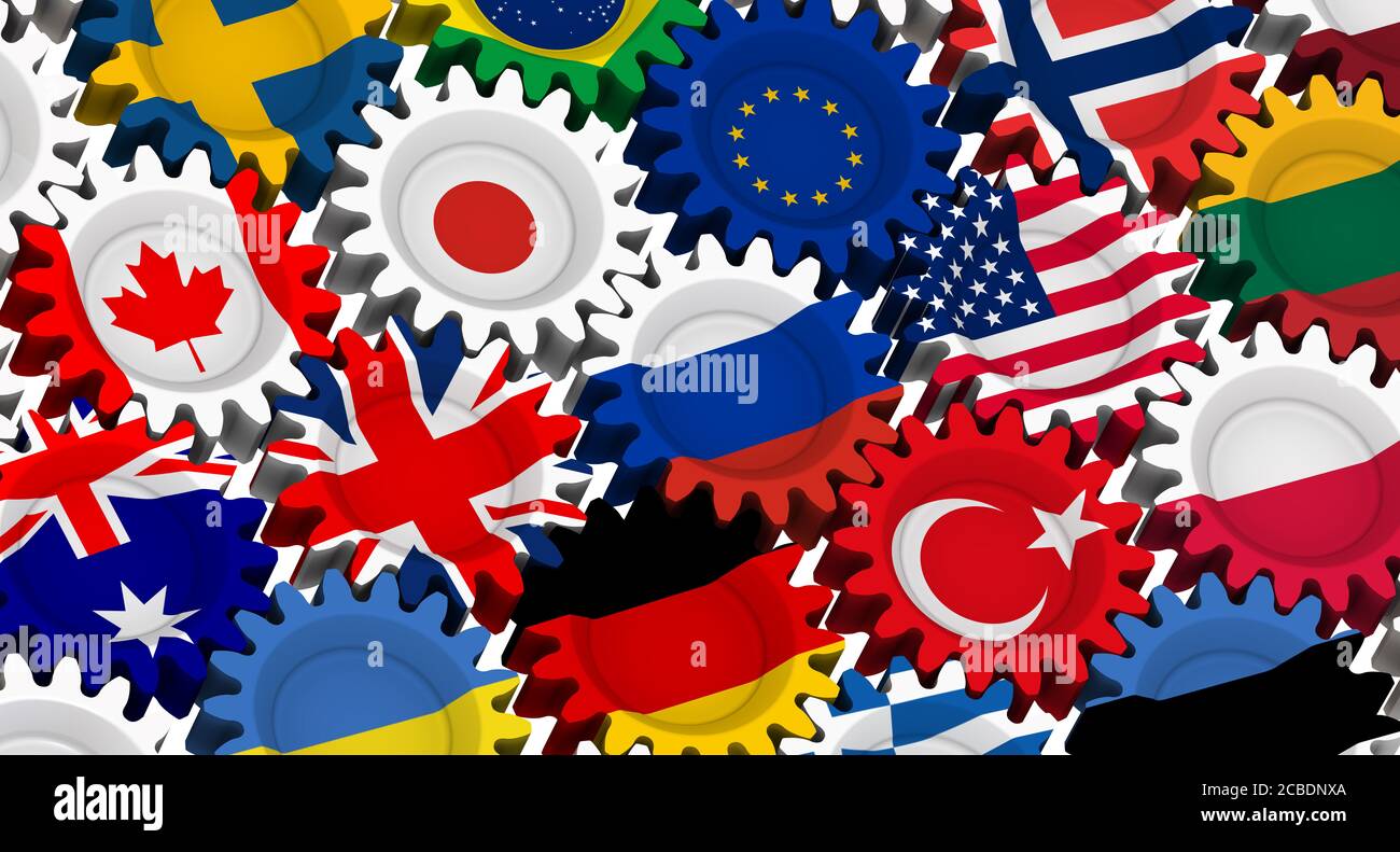 Viele Zahnräder mit den Flaggen verschiedener Länder. 3D-Illustration Stockfoto