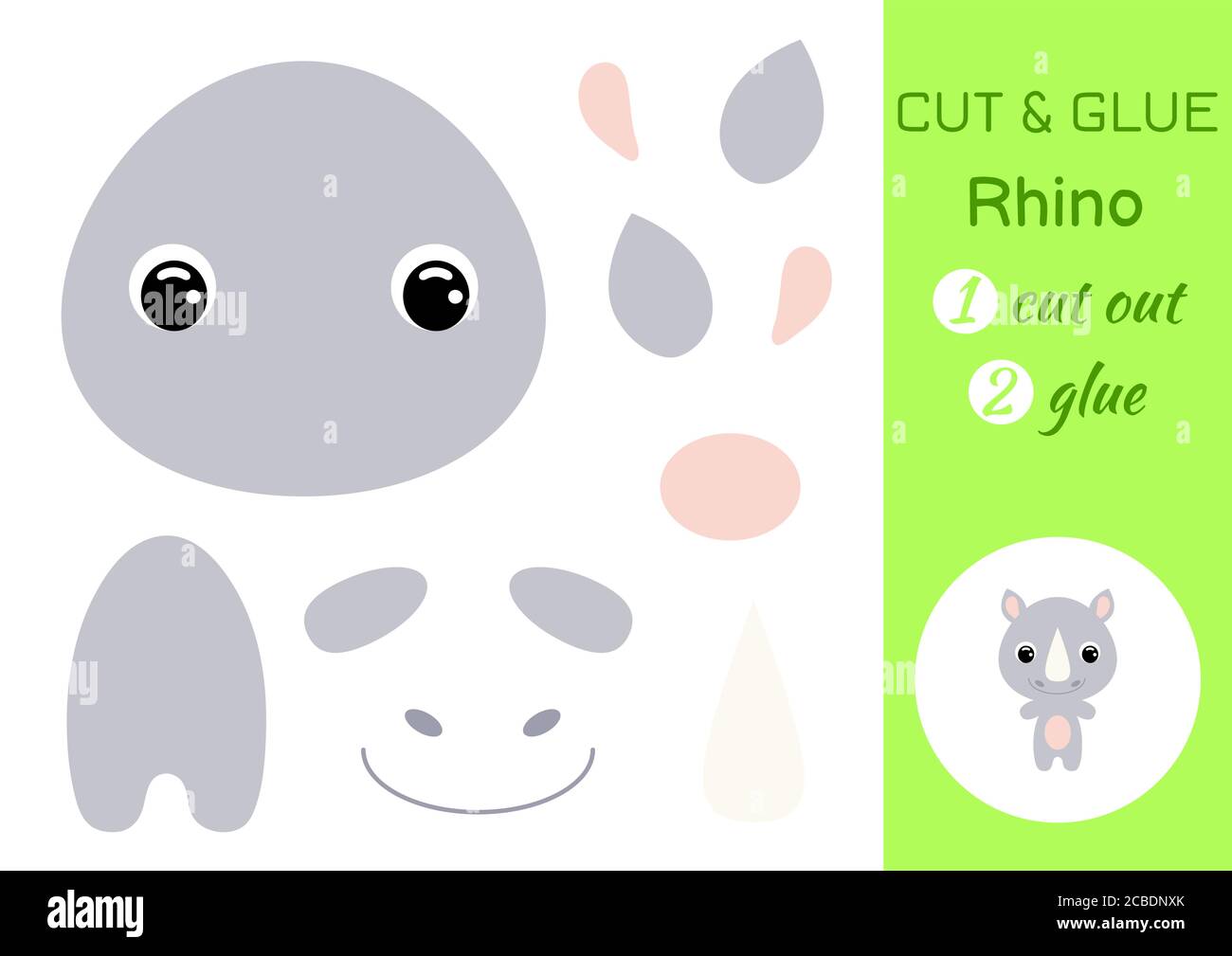Baby Nashorn schneiden und kleben. Arbeitsblatt zur Entwicklung von Schulungen. Farbe Papier Spiel für Kinder im Vorschulalter. Teile des Bildes ausschneiden und auf Papier kleben. Stock Vektor