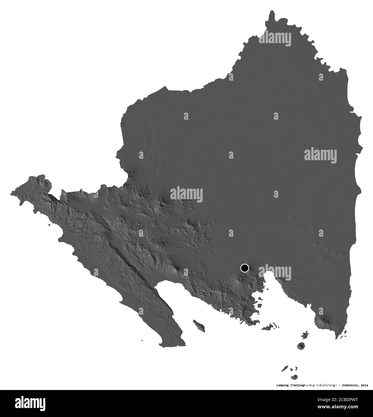 Form von Lampung, Provinz Indonesien, mit seiner Hauptstadt isoliert auf weißem Hintergrund. Höhenkarte mit zwei Ebenen. 3D-Rendering Stockfoto