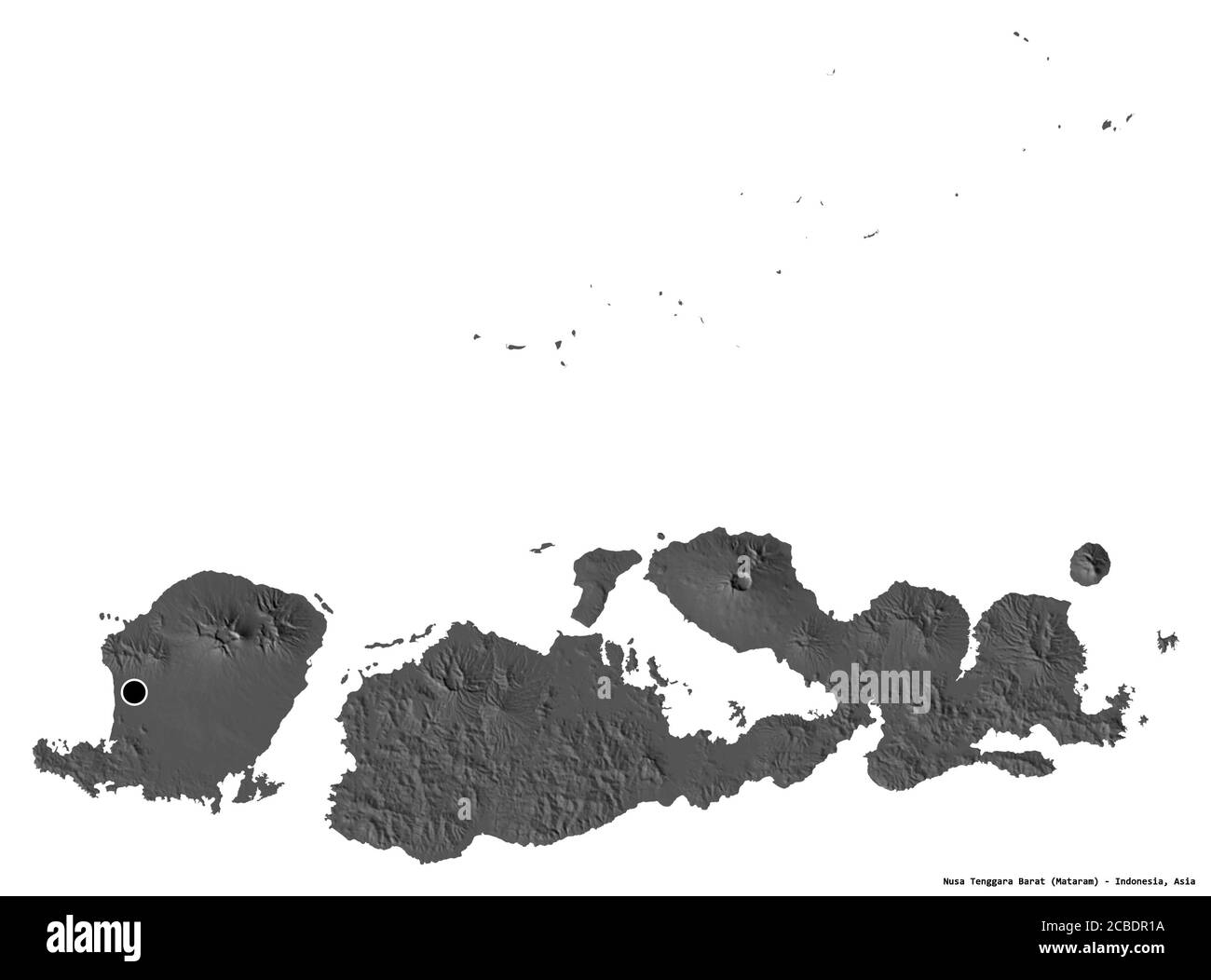 Form von Nusa Tenggara Barat, Provinz Indonesien, mit seiner Hauptstadt isoliert auf weißem Hintergrund. Höhenkarte mit zwei Ebenen. 3D-Rendering Stockfoto