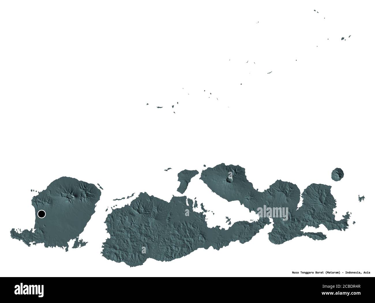 Form von Nusa Tenggara Barat, Provinz Indonesien, mit seiner Hauptstadt isoliert auf weißem Hintergrund. Farbige Höhenkarte. 3D-Rendering Stockfoto