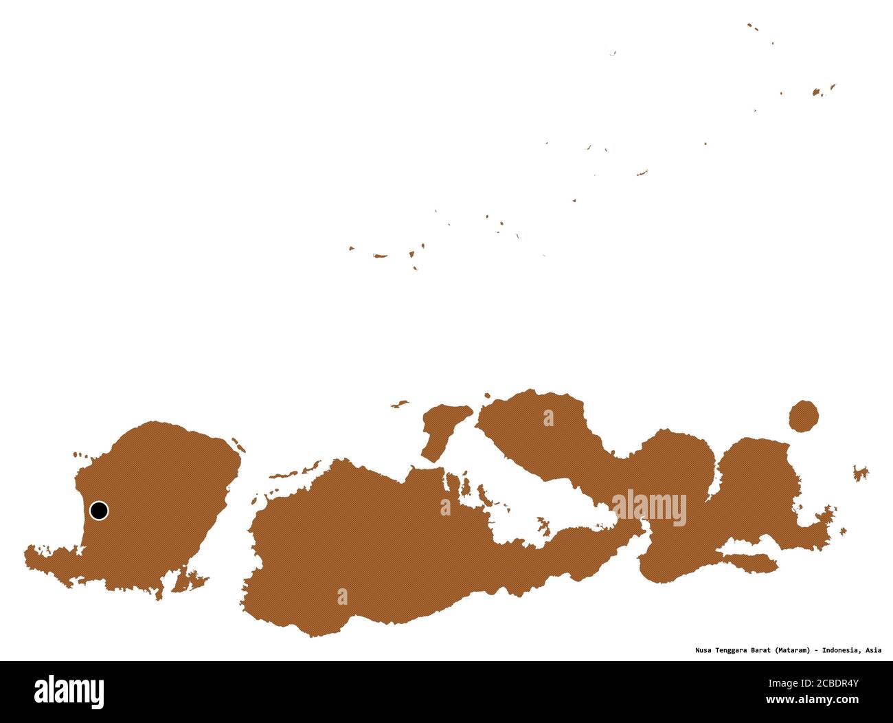 Form von Nusa Tenggara Barat, Provinz Indonesien, mit seiner Hauptstadt isoliert auf weißem Hintergrund. Komposition von gemusterten Texturen. 3D-Rendering Stockfoto