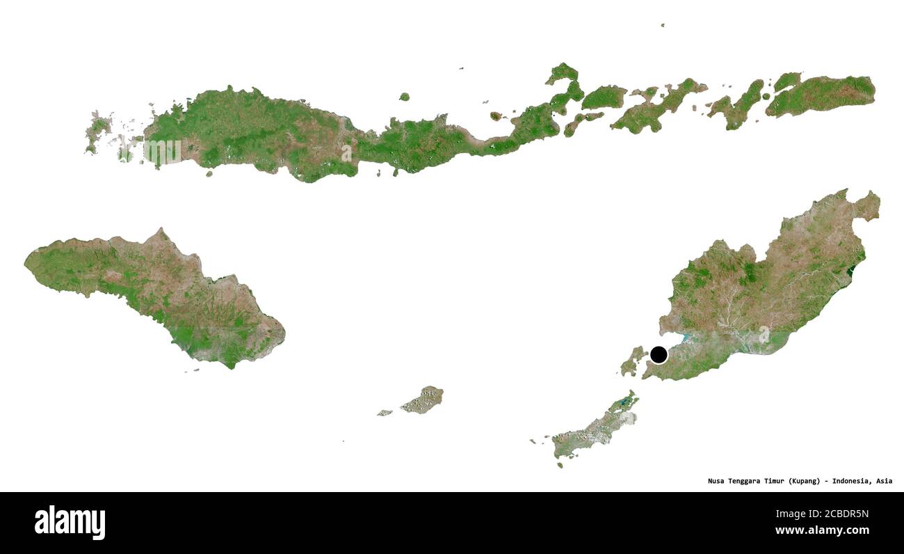 Form von Nusa Tenggara Timur, Provinz Indonesien, mit seiner Hauptstadt isoliert auf weißem Hintergrund. Satellitenbilder. 3D-Rendering Stockfoto