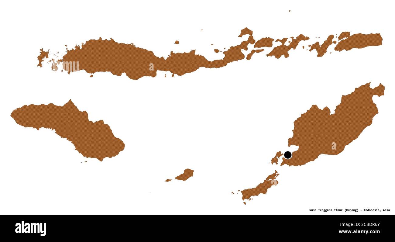 Form von Nusa Tenggara Timur, Provinz Indonesien, mit seiner Hauptstadt isoliert auf weißem Hintergrund. Komposition von gemusterten Texturen. 3D-Rendering Stockfoto