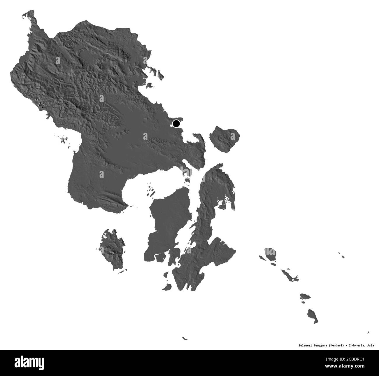 Form von Sulawesi Tenggara, Provinz Indonesien, mit seiner Hauptstadt isoliert auf weißem Hintergrund. Höhenkarte mit zwei Ebenen. 3D-Rendering Stockfoto