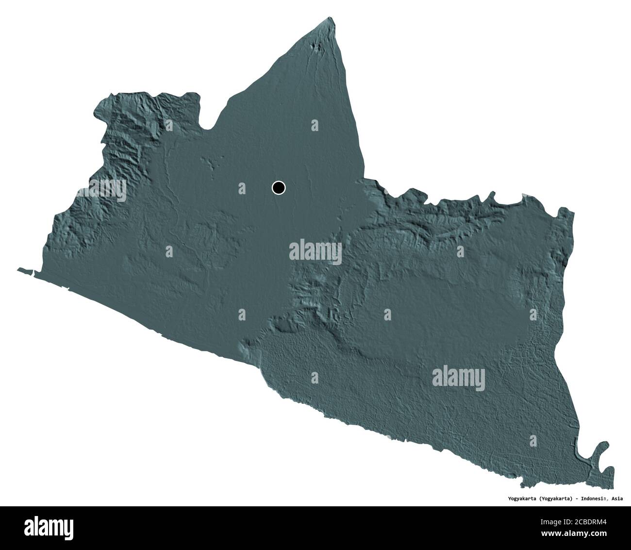 Form von Yogyakarta, spezielle Region von Indonesien, mit seiner Hauptstadt isoliert auf weißem Hintergrund. Farbige Höhenkarte. 3D-Rendering Stockfoto