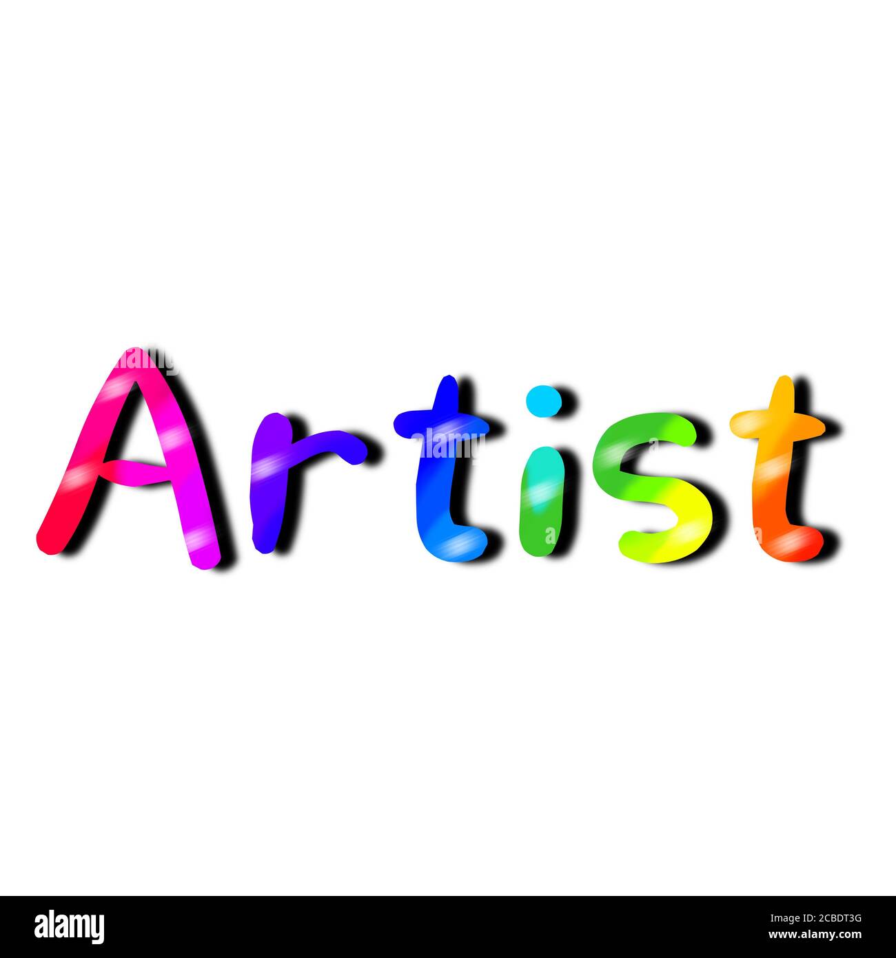 Illustration des Textes 'ARTIST' in mehrfarbig. Wiedergabe von farbigem Text „Artist“. Clip Art von bunten Text "Künstler" mit verschwommenen Schatten. Stockfoto