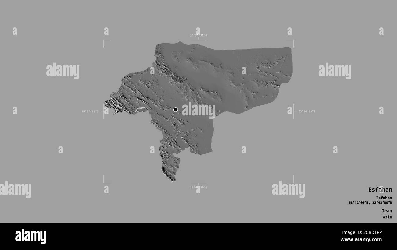 Gebiet von Esfahan, Provinz Iran, isoliert auf einem soliden Hintergrund in einem georeferenzierten Begrenzungsrahmen. Beschriftungen. Höhenkarte mit zwei Ebenen. 3D-Rendering Stockfoto