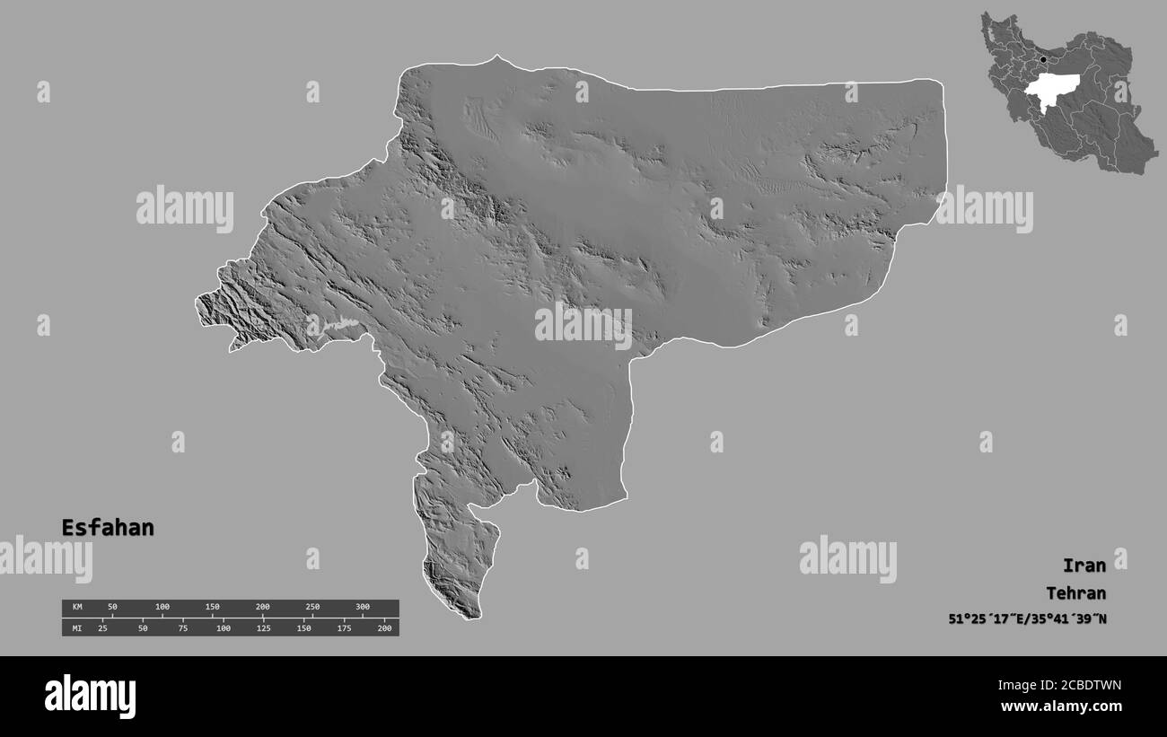 Form von Esfahan, Provinz Iran, mit seiner Hauptstadt isoliert auf festem Hintergrund. Entfernungsskala, Regionenvorschau und Beschriftungen. Höhenkarte mit zwei Ebenen. 3 Stockfoto