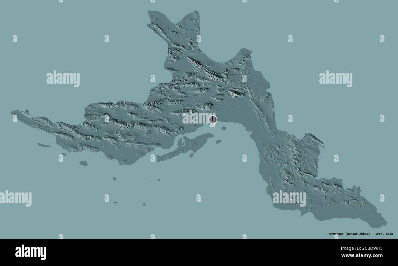 Form von Hormozgan, Provinz Iran, mit seiner Hauptstadt isoliert auf einem einfarbigen Hintergrund. Farbige Höhenkarte. 3D-Rendering Stockfoto