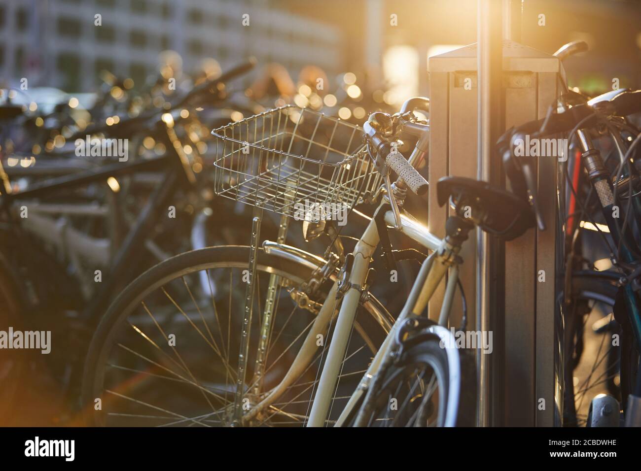 Öffentlicher Fahrradparkplatz an der Stadtstraße bei Sonnenuntergang. Zürich, Schweiz. Stockfoto