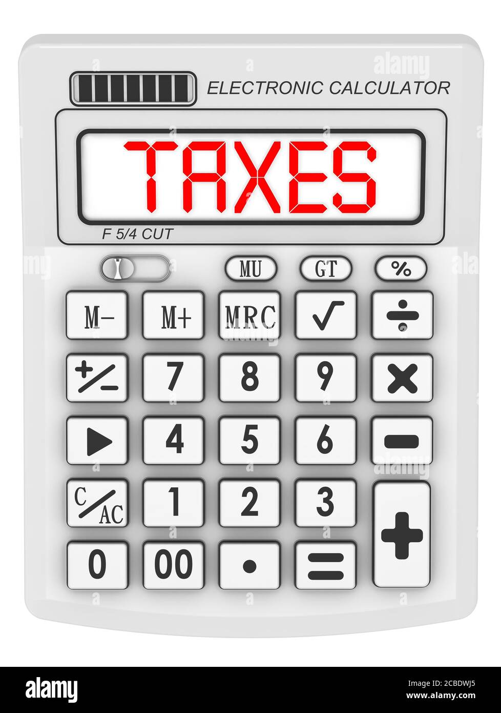 Steuern. Das Wort auf dem elektronischen Rechner. Rotes Wort Steuern auf der Anzeige des elektronischen Rechners. 3D-Illustration Stockfoto