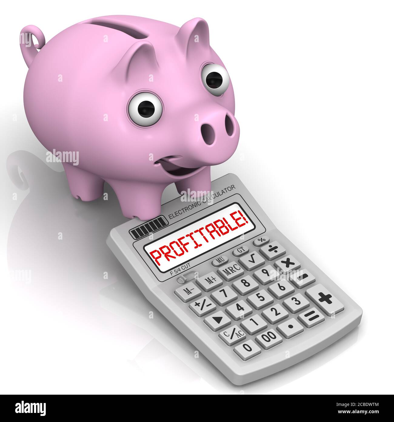 Profitables Geschäft. Zufrieden Sparschwein (Geldkasten) und ein Rechner mit rotem Wort PROFITABEL. D-Abbildung Stockfoto