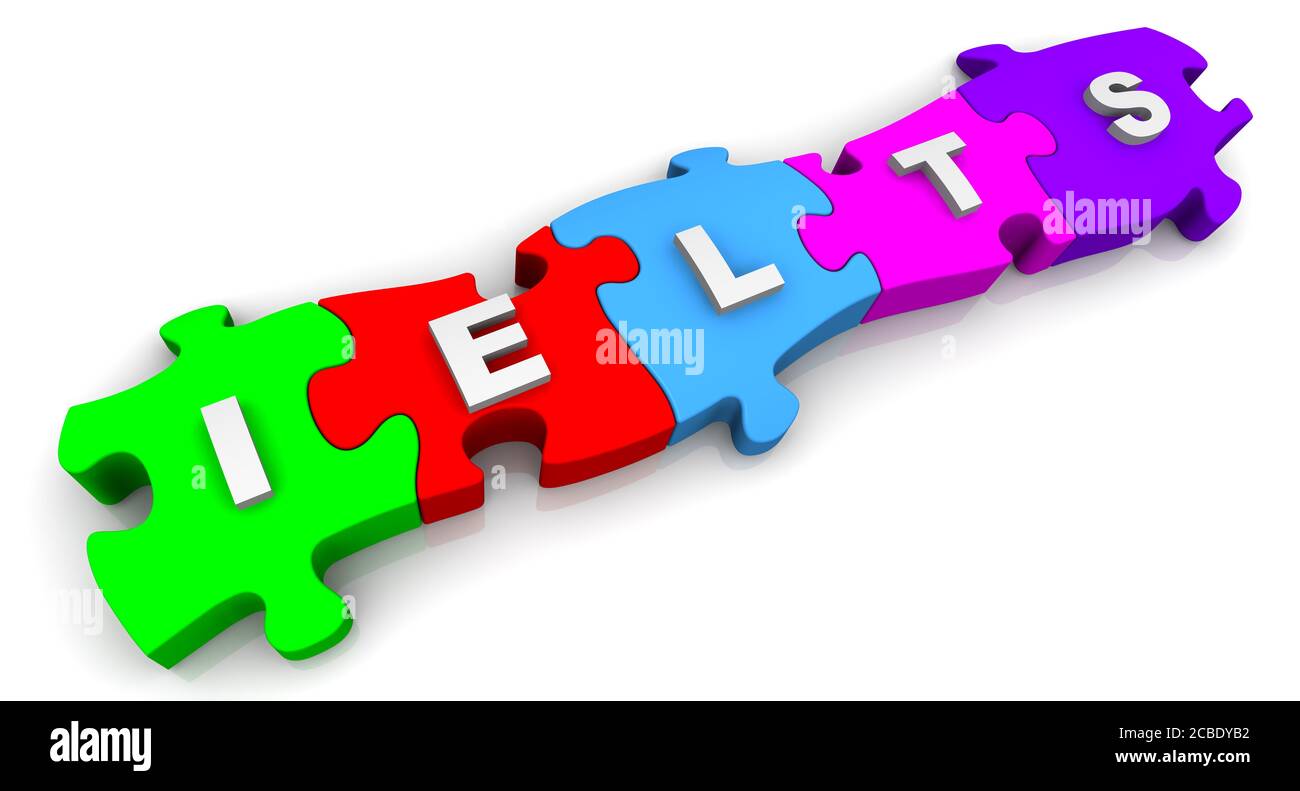 IELTS. Inschrift auf den bunten Puzzles. Die Abkürzung IELTS über bunte Rätsel. 3D-Illustration Stockfoto