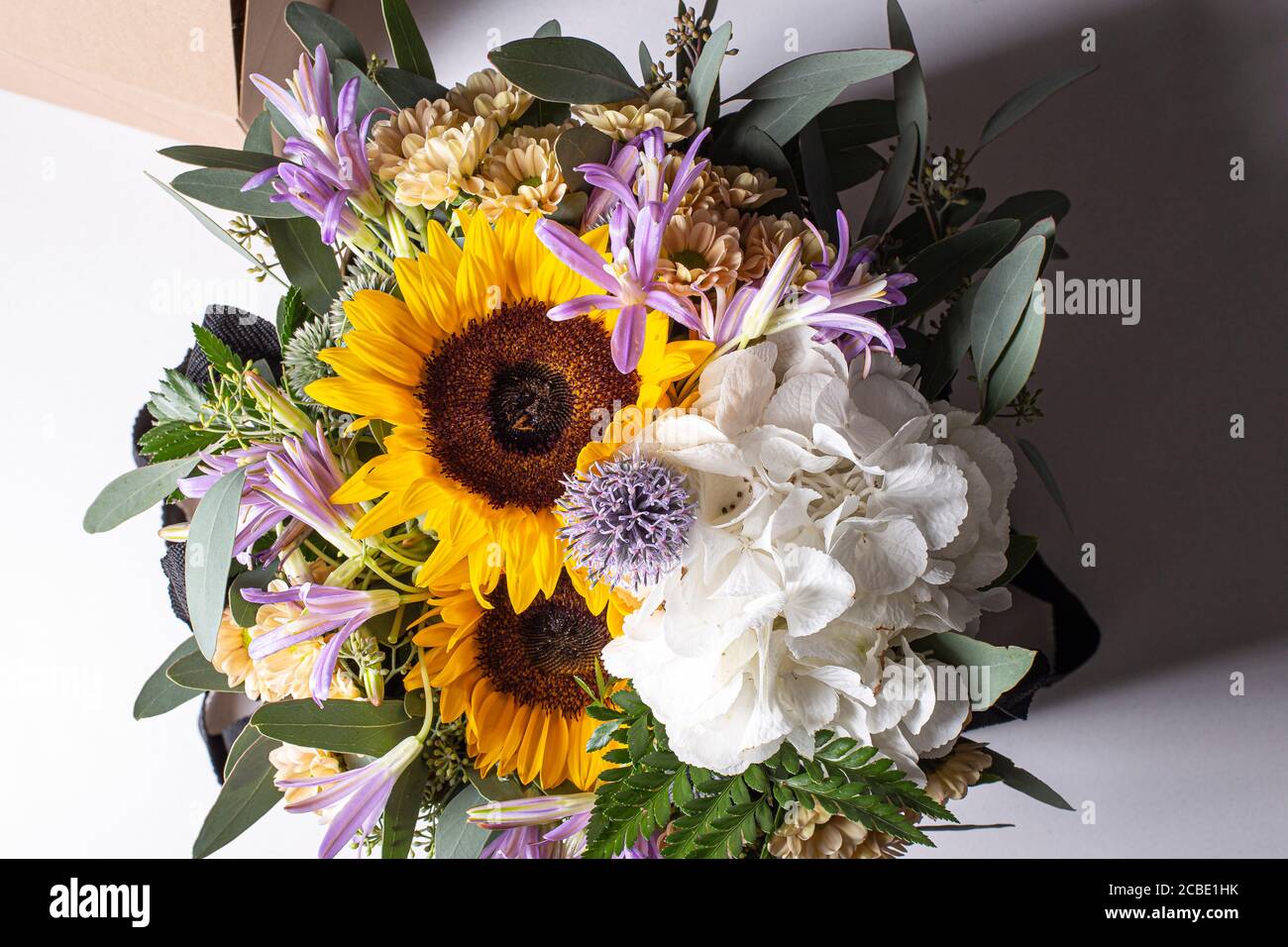 Gelbes Sonnenblumenstrauß aus nächster Nähe noch mit glatten Blütenblättern Stockfoto