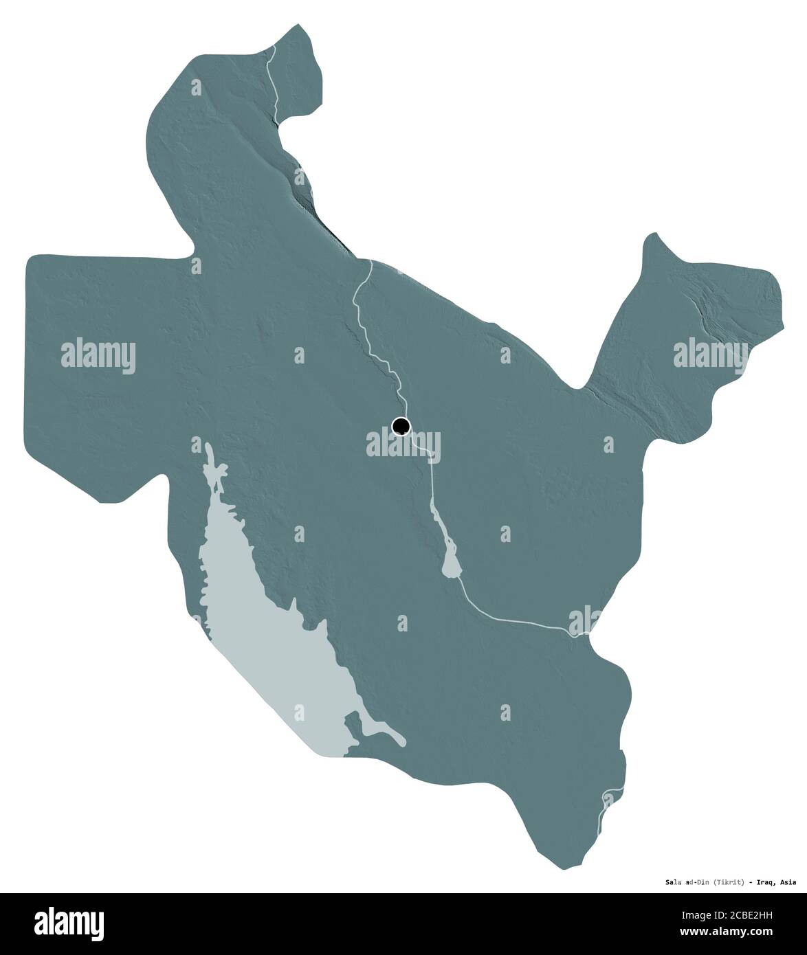 Form von Sala ad-DIN, Provinz Irak, mit seiner Hauptstadt isoliert auf weißem Hintergrund. Farbige Höhenkarte. 3D-Rendering Stockfoto