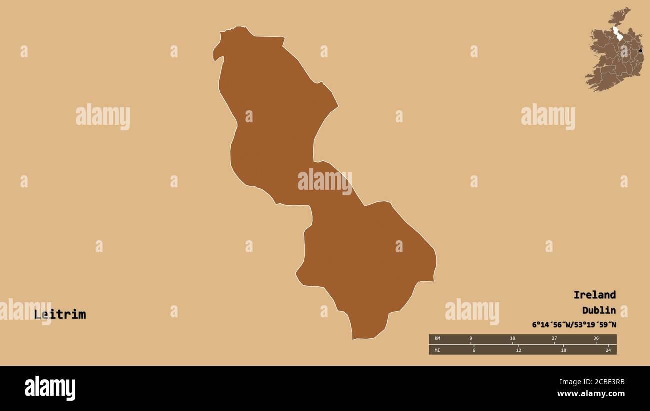 Form von Leitrim, Grafschaft Irland, mit seiner Hauptstadt isoliert auf festem Hintergrund. Entfernungsskala, Regionenvorschau und Beschriftungen. Zusammensetzung des Musteres Stockfoto