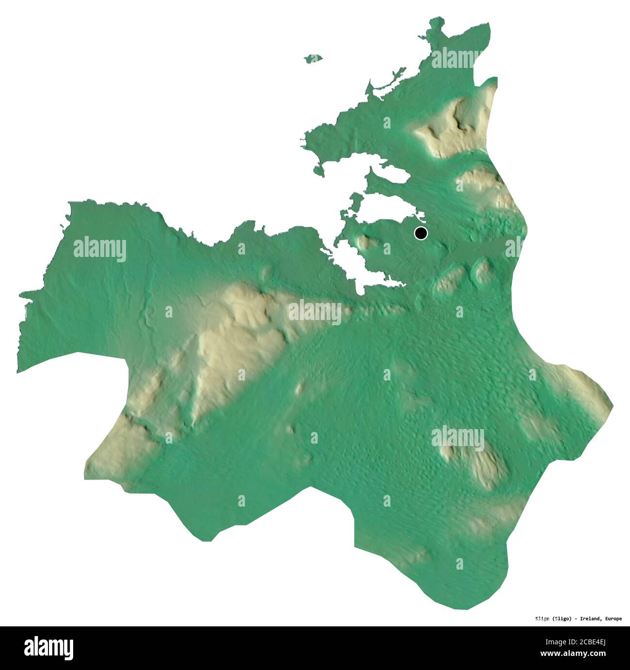 Form von Sligo, Grafschaft Irland, mit seiner Hauptstadt isoliert auf weißem Hintergrund. Topografische Reliefkarte. 3D-Rendering Stockfoto