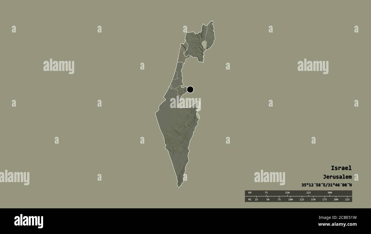 Entsättigte Form von Israel mit seiner Hauptstadt, Hauptregionalteilung und dem abgetrennten Haifa-Gebiet. Beschriftungen. Farbige Höhenkarte. 3D-Rendering Stockfoto