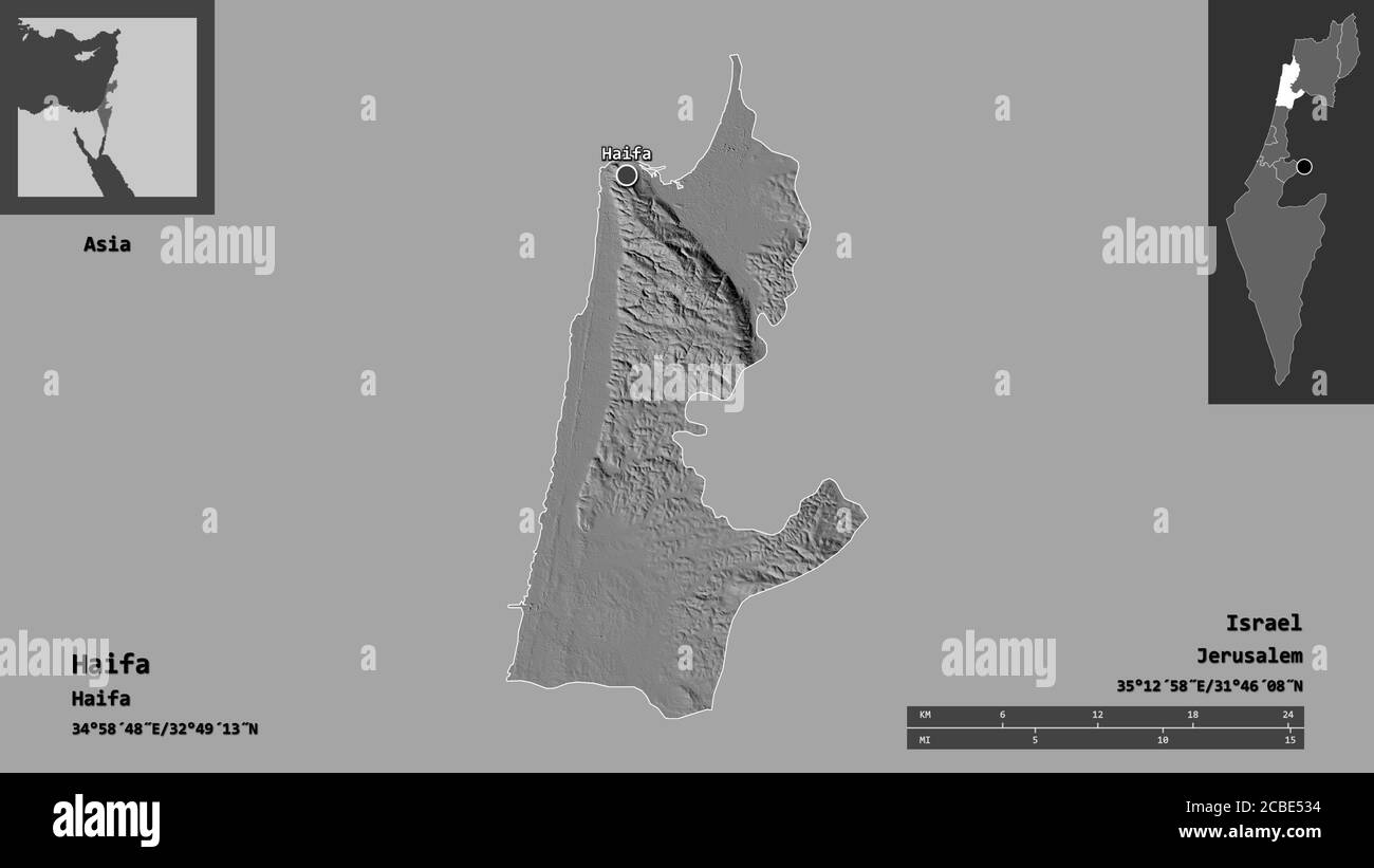 Form von Haifa, Bezirk von Israel, und seine Hauptstadt. Entfernungsskala, Vorschauen und Beschriftungen. Höhenkarte mit zwei Ebenen. 3D-Rendering Stockfoto