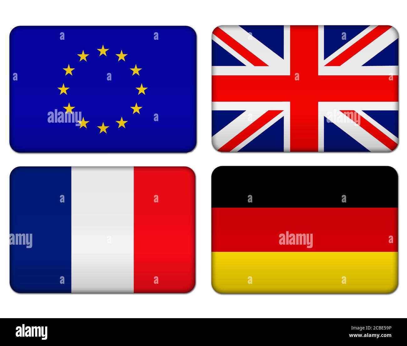 Flagge der Europäischen Union, des Vereinigten Königreichs, Frankreichs und Deutschlands Stockfoto